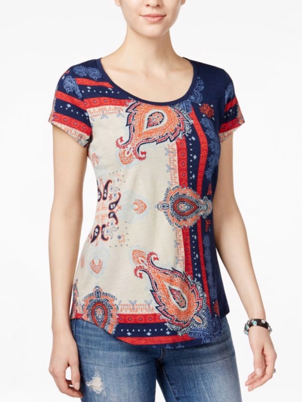 Lucky Brand Navy, Cream and Red Paisley Short-Sleeve Tee